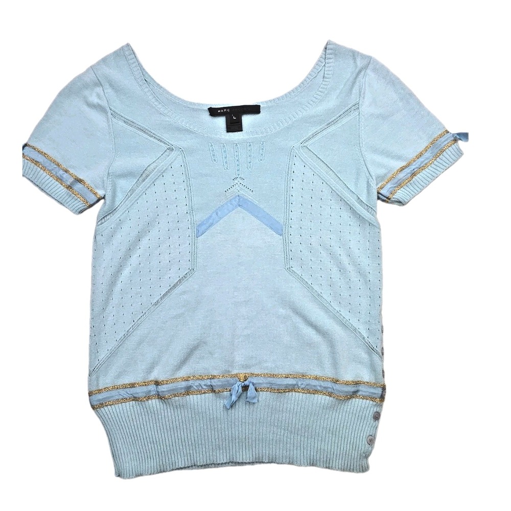Vintage Y2K MARC JACOBS Sweater Bows Beading Open Knit Baby Blue Gold Trim Sz L